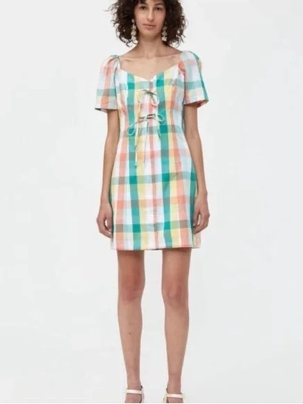 NWT English Factory Farrow Helen Pastel Plaid Tie-Front Mini Dress |Medium|